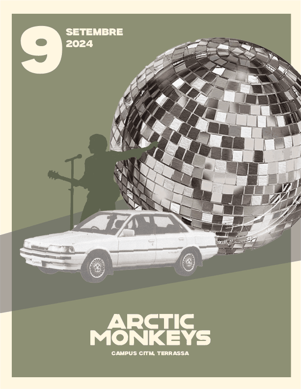 Front Proposal — 60s retro collage featuring the Toyota Camry, Alex Turner silhouette, mirrorball, and warm beige borders (#FFF5E0).