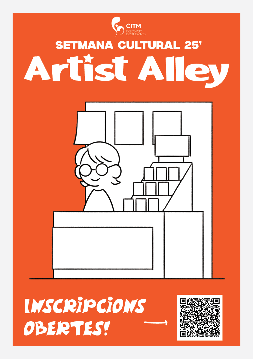 Setmana Cultural 25' — Cultural Week edition in vibrant orange, highlighting the artist booth illustration and registration QR code.